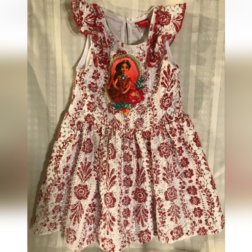 DISNEY ELENA Of  AVALOR RED & WHITE LACE, EMBROIDERY APPLIQUE DRESS Size 6 NWT